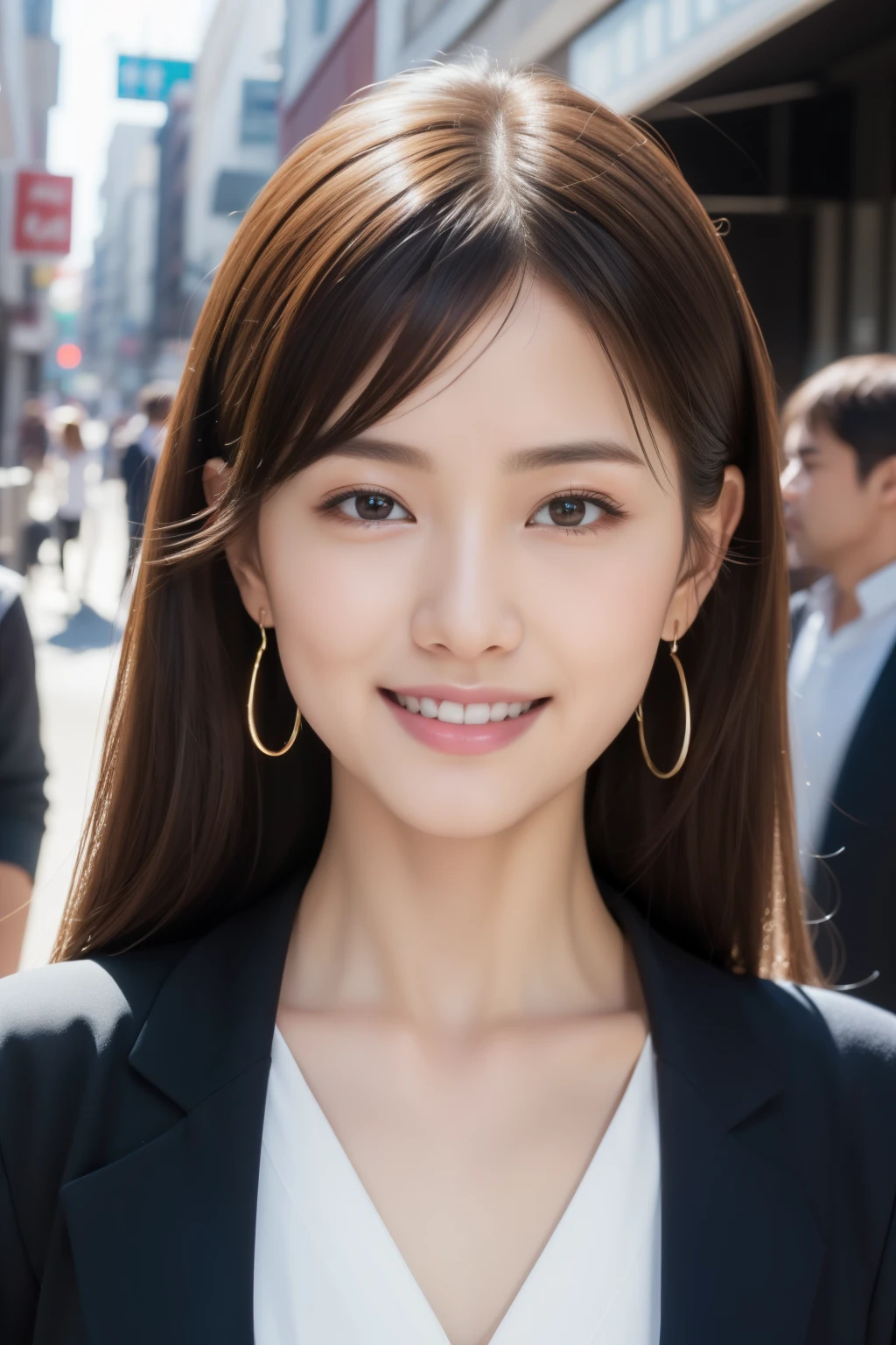 (8k、Raw photo、highest quality、Masseter muscle part:1.2)、super detailed、super resolution、(realistic、realistic pictures:1.37)、Portrait、High-definition RAW color photo、professional photography、hvery detailed and beautiful、very detailed、8k Wallpapers、amazingly detailed、huge file size、official art、Hvery detailed CG Unity 8k wallpapers、hvery detailed beautiful girl、very detailed顔、very detailed目、very detailed肌、very fine fingers、hvery detailed nose、very detailed詳細な口、perfect anatomy、hvery detailed back ground、Hvery detailed clothing、1 girl、(18:1.2)、teen、cute、famous japanese idol、cute、realistic body、、white skin、glowing skin、Because I&#39;m slender、handsome body、brown haired、straight long、laughter、cute、Zora々right、cute faces、lifelike face、delicate eyes、ordering sauce、one piece、earrings、looking at camera、cowboy shot、positive、Are standing、contrapo, high street, public, dynamic lighting,