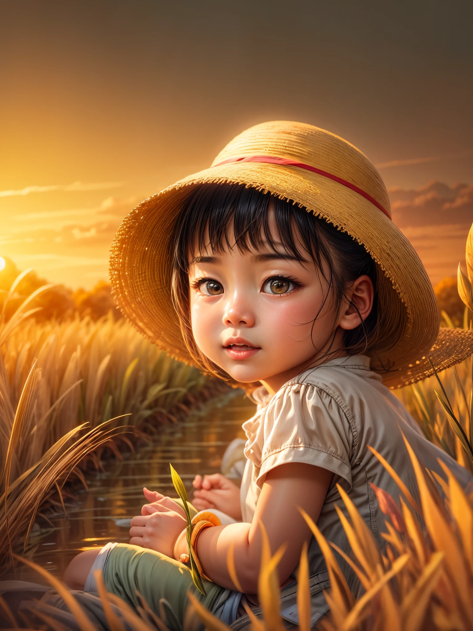 （best quality，8k，high resolution，masterpiece），Super detailed，（1.4x more realism），summer,Sunlight,beautiful toddler,golden rice fields,golden color,hapiness,children&#39;s laughter,Children playing in the rice fields,Cicada chirping,Beautiful scenery,HDR,ultra high definition,studio lighting,Super fine,sharp focus,Rendering based on real objects,Extremely detailed description,major,Bright colors,blur background,Golden sunrise,peaceful,peaceful,golden light,golden hour,nature,nature之美