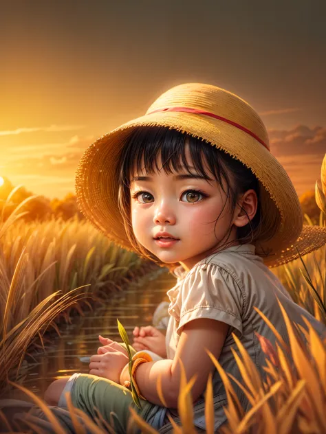 （best quality，8k，high resolution，masterpiece），super detailed，（1.4x more realism），summer,sunlight,beautiful toddler,golden rice f...