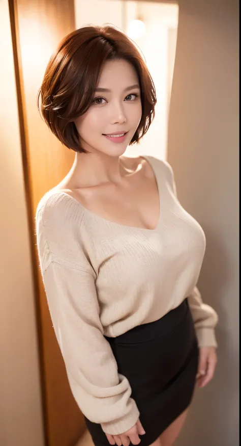 High resolution, High level image quality, high detail, masterpiece, rough skin, anatomically correct, sharp, gray background((japanese mature, 36 years old)), alone, （big breasts）, （short hair）,（Chubby body type：0.9）、 (((stand upright, facing the center o...