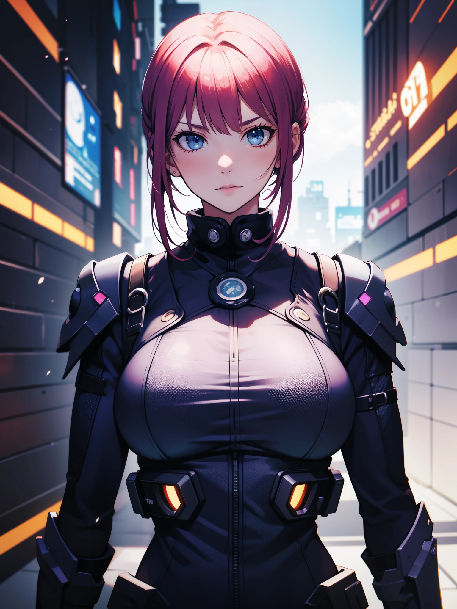 alta qualidade, premiado, high resolution, 8K solomastery, solo, 1woman, from the front, mature, milf, purple cut hair, blue eyes, serious eyes, smoke, cyberpunk suit , mulher alta, 29 anos, milf, serious look