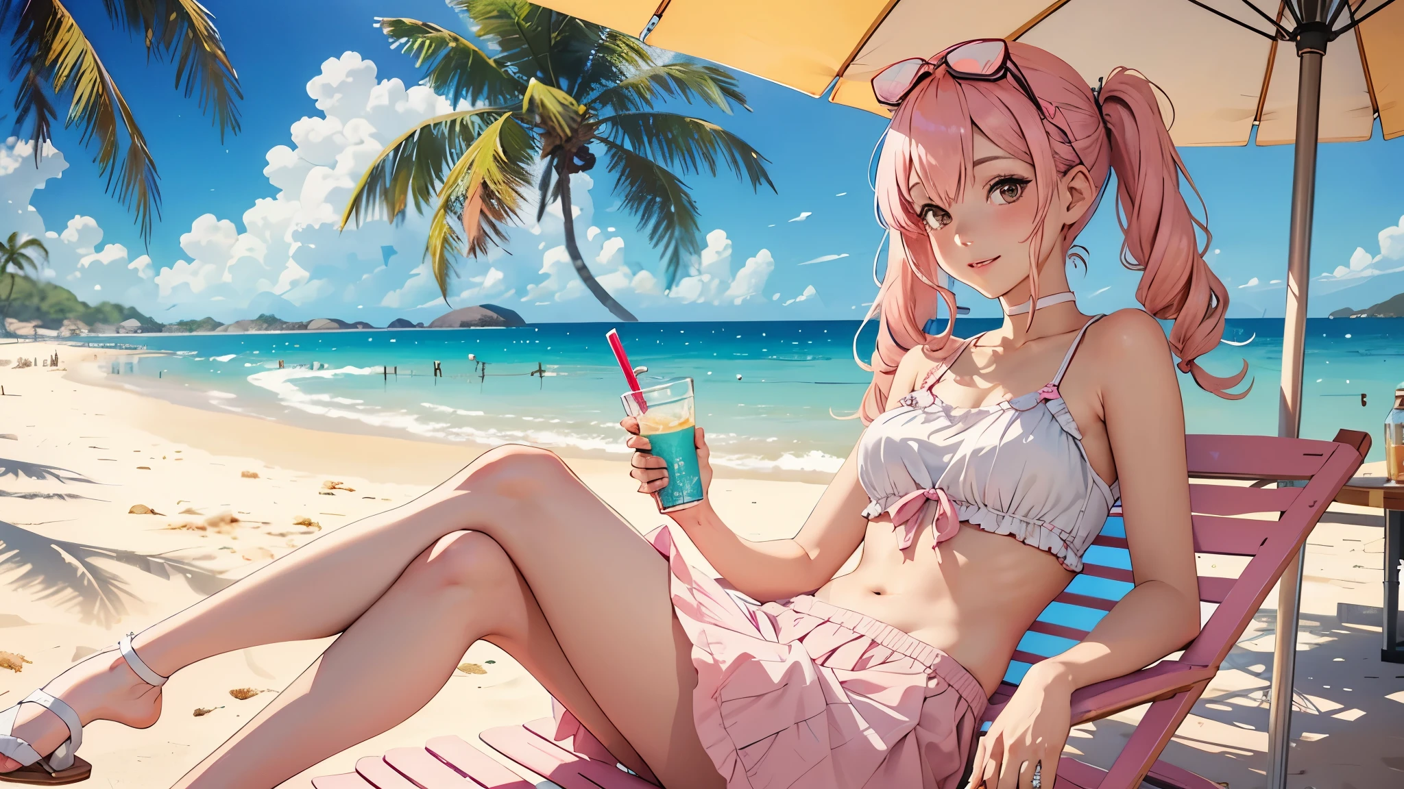 Anime girl with pink hair tied in pigtails and brown eyes wearing a white sun hat with a pink ribbon, a light pink t-shirt, and a white long skirt with ruffles, sitting on a beach chair on a sunny beach with clear blue ocean and enjoying a strawberry ice cream. She is smiling and looking out at the ocean, feeling relaxed and happy.