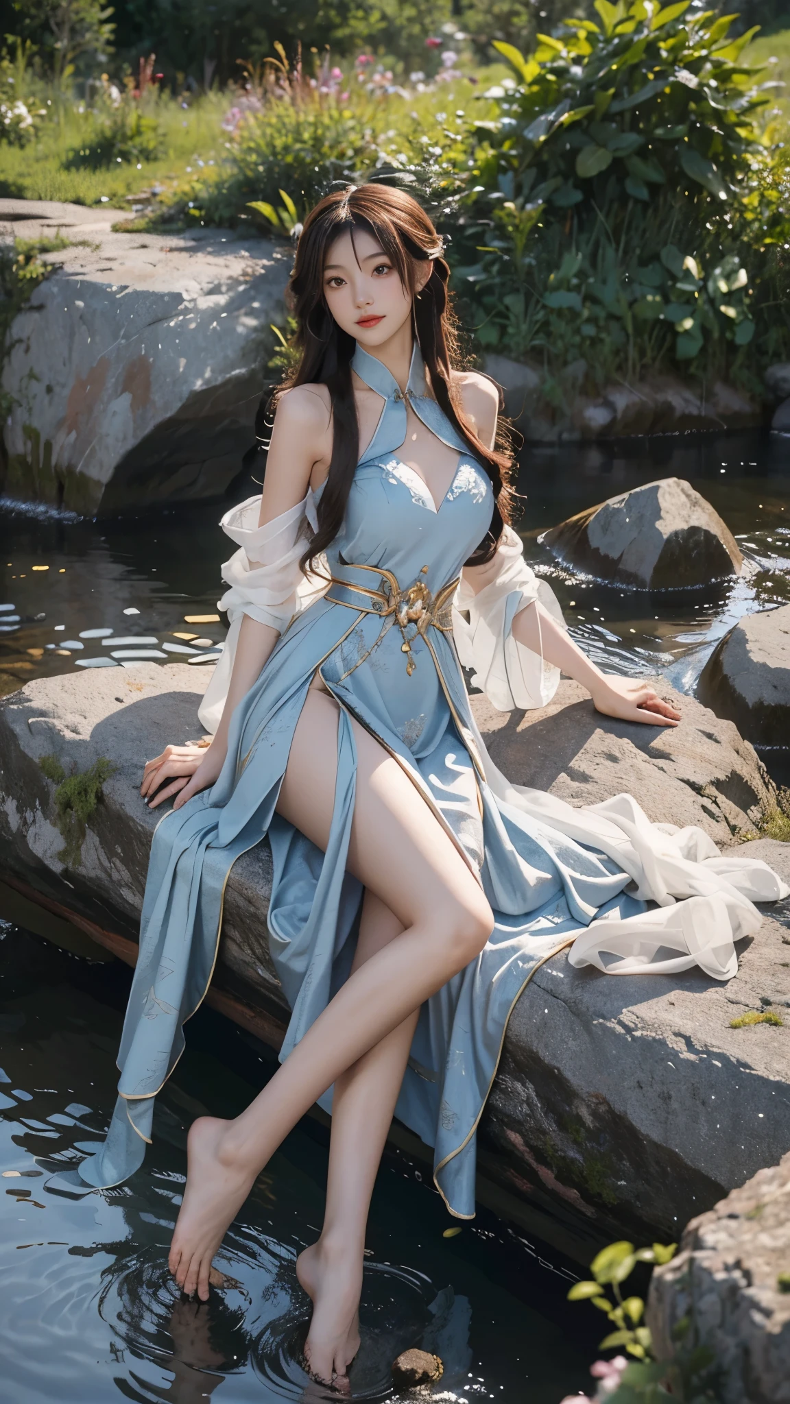 yinziping,china dress, 1girl, ((full body)), ((from below)), in the mountains, sit on rock, plant, bouquet, Show off your exquisite figure and graceful curves, slim body, big breasts, cleavage, sexy legs, big eyes, elegant posture, long hair, brown hair, curls, Warm colors, masterpiece, best quality, correct, Anatomically correct, official art, complex, detail face, detail, lifelike, Very detailed, official art