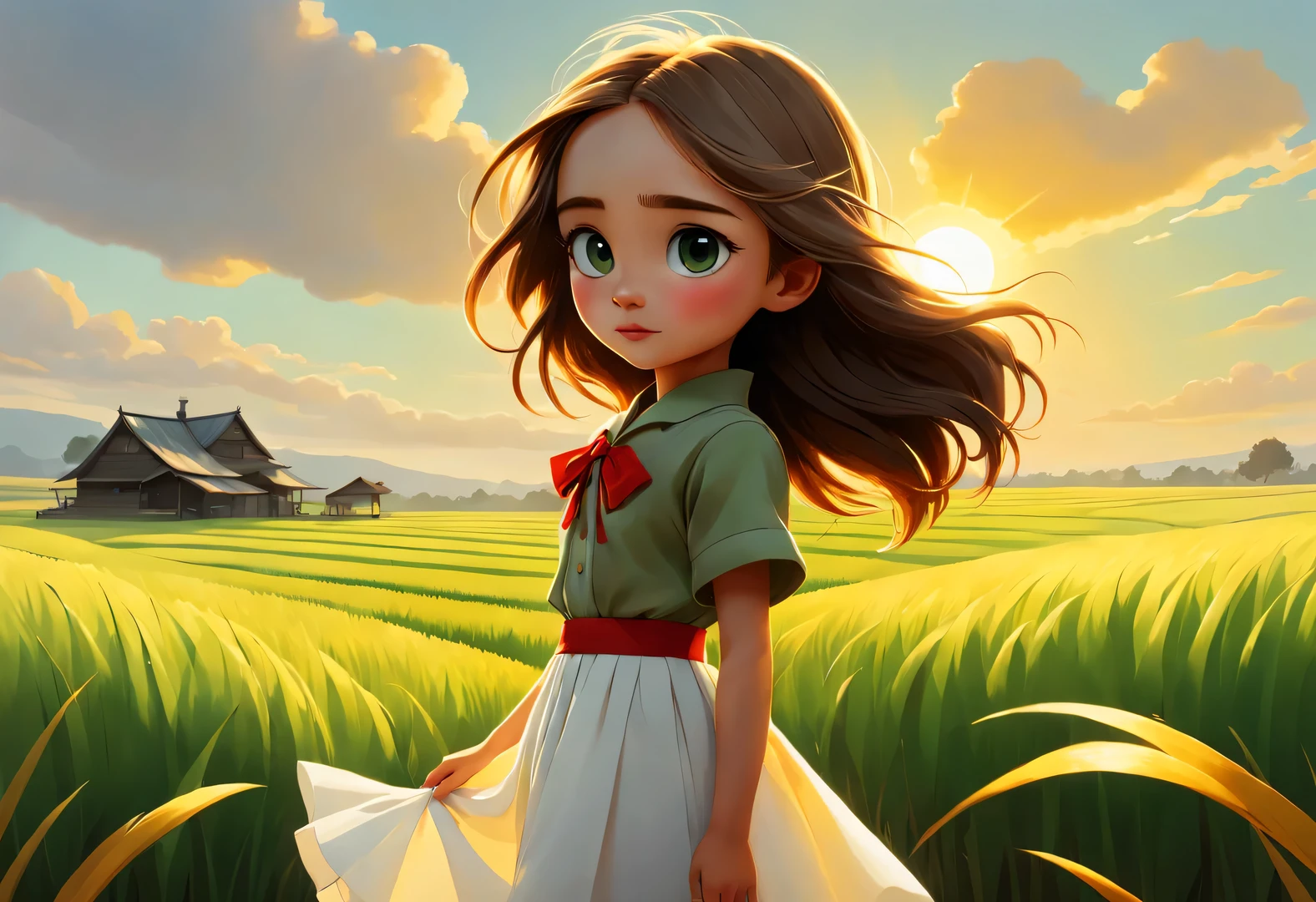 Bird&#39;s eye view digital art, In the endless rice fields, The back of a  standing，long hair，white skirt，bow tie, green, yellow, Kaneko, curry, A little red, slope, White farmhouse in the distance, breeze blows, Rice swaying in the wind, Sunlight, happy atmosphere, Stripes Circles and Stripes Circles and Shapes Stripes, National Geographic National Geographic, annie lebovetz,,A beautiful painting by Wassily Kandinsky,Imagined,Imaginative,Japanese cartoons,romantic atmosphere,high detail,watercolor painting,palette knife painting,comics,artwork,Pixar style,cartoon style,Arte Guélan's artwork,Chinese painting,masterpiece,Line art,Quixel Megascans rendering,octane rendering,depth of field (degrees of ),extreme long shot,flashing light, --original style