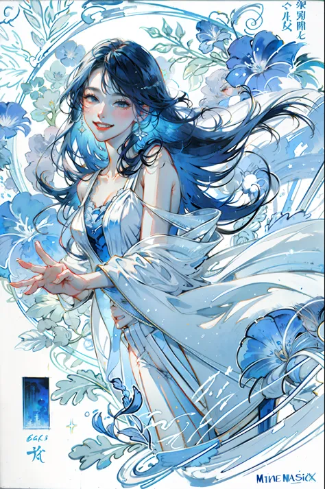 8k,masterpiece,highest quality,dynamic pose,beautiful woman with long hair,(smile:1.3),White maxi dress,slim,,watercolor paintin...