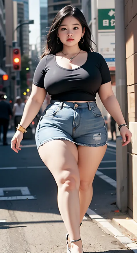 ((best quality)), ((masterpiece)), (detailed), perfect face, araffe woman in a dark-blue shirt and blue denim skirt walking down a street, thicc, she has a jiggly fat round belly, bbwchan, wearing tight simple clothes, skinny waist and thick hips, widest h...