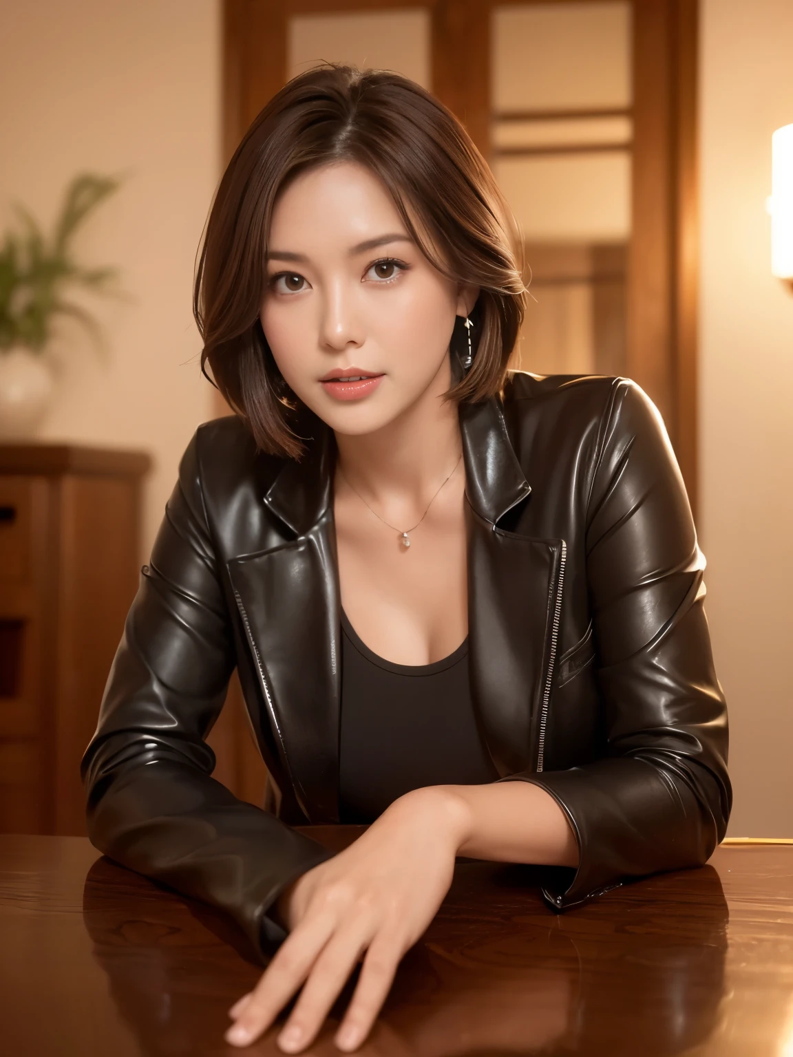 one mature woman、38 years old、Japanese,blush,look at the audience,(black jacket),(genuine leather pants),wet, shiny face,wetような艶肌,wetような光沢のある服,wet hair,flower,hairpin,shortcut,necklace,earrings,normal sized breasts,,written boundary depth,Pointy red mouth,(Her short reddish-brown hair has a wet shine.),red mouth,clavicle,beautiful fingers,full body portrait,wet顔がかわいい,(Photoreal:1.3),(RAW photo), (table top,highest quality,Ultra high resolution output image), (8K quality),(Image Mode Ultra HD), black hair, solid circle eye, light smile, brown hair, short hair, bob cut, I opened my eyes, Surrealism, cast a shadow, anaglyph, stereogram, tachi-e, throw, atmospheric perspective, cinematic lighting, Nikon, 8K, Super detailed, Accurate, highest quality, rough skin, anatomically correct, masterpiece