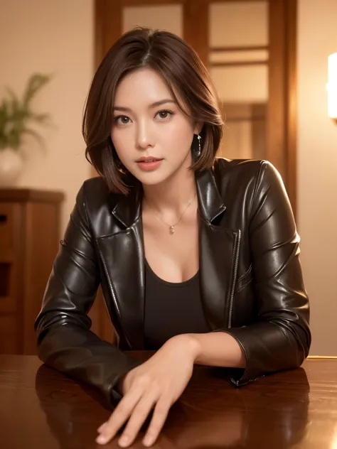 one mature woman、38 years old、Japanese,blush,look at the audience,(black jacket),(genuine leather pants),Wet, shiny face,Wetような艶...