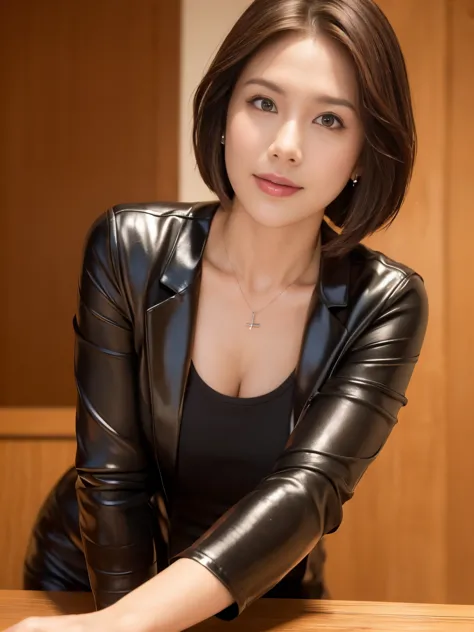 one mature woman、38 years old、Japanese,blush,look at the audience,(black jacket),(genuine leather pants),Wet, shiny face,Wetような艶肌,Wetような光沢のある服,wet hair,flower,hairpin,shortcut,necklace,earrings,normal sized breasts,,written boundary depth,尖ったred mouth,(Her...
