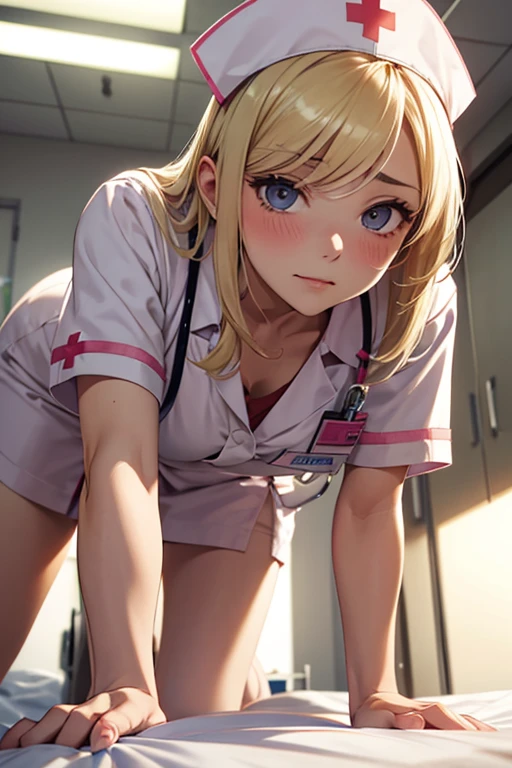 병원 침대 위에서 네발로 기어다니는 간호사, 30 살, 금발의, 기울어진 눈, 얼굴이 빨개지는, 곤란한 얼굴, 섹시한 간호 유니폼, 간호사 모자, 가슴이 보임, 밑에서부터