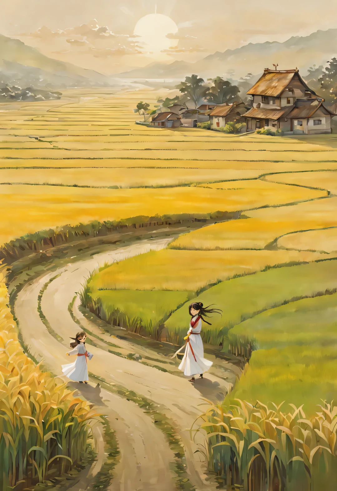 Bird&#39;s eye view digital art, (In the endless rice fields: 1.3), The figure of a  stands，long hair，white skirt，bow tie, green, yellow, Kaneko, curry color, A little red, gradient color, A white miniature farmhouse in the distance, breeze blows, Rice swaying in the wind, Sunlight, happy atmosphere, Circles and Rings Stripes Circles and Shapes Stripes, National Geographic National Geographic, annie lebovetz, grey,,A beautiful painting by Wassily Kandinsky,Imagined,Imaginative,Japanese cartoons,romantic atmosphere,high detail,watercolor painting,palette knife painting,comics,artwork,Pixar style,cartoon style,Arte Guélan's artwork,Chinese painting,masterpiece,Line art,Quixel Megascans rendering,octane rendering,depth of field (degrees of ),extreme long shot,flashing light, --original style