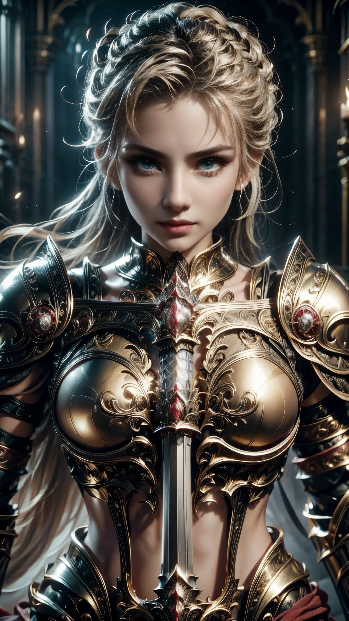 (RAW shooting:1.5, Photoreal:1.5, 8k, highest quality, masterpiece, ultra high resolution), medieval europe, world of magic and swords, perfect dynamic composition:1.2, Mysterious:1.3, Highly detailed skin and facial textures:1.3, cute and sexy slim female warrior, beautiful and aesthetic:1.1, cute and sexy beauty, perfect style, Grasp the great sword with both hands:1.3, wear elaborate rings, fire, water, Wind, thunder, ice, Fair skin, very beautiful face, (Medium chest, Chest gap), (embarrassing smile, The expression on your face when you feel intense caress, Facial expression when feeling pleasure), (Shiny sexy gold metallic armor:1.1, off shoulder, Navel exposure), (beautiful blue eyes, Eyes that feel beautiful eros:0.8), (Too erotic:0.9, Bewitching:0.9), full body shot, Ancient castle in the background