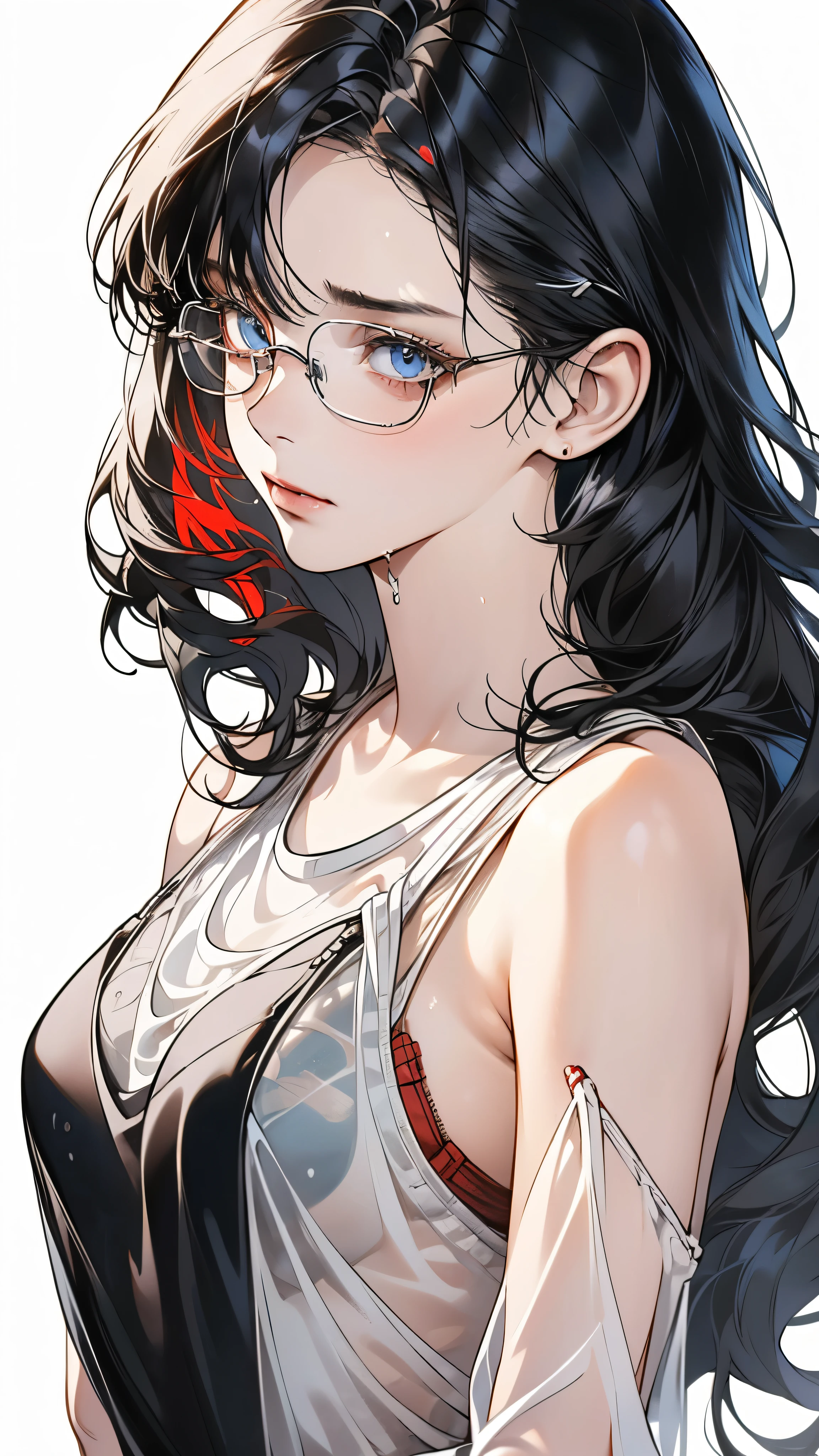 1 female,black hair, ,((anxious look)),beautiful breasts,sheer white tank top,good style,,(facing the front)(((cheeks turn red、surprised expression)),(),((( upper body portrait)))frameless glasses,blue eyes,(((Bangs are uniform)))((See-through))sexy bra(wet condition)