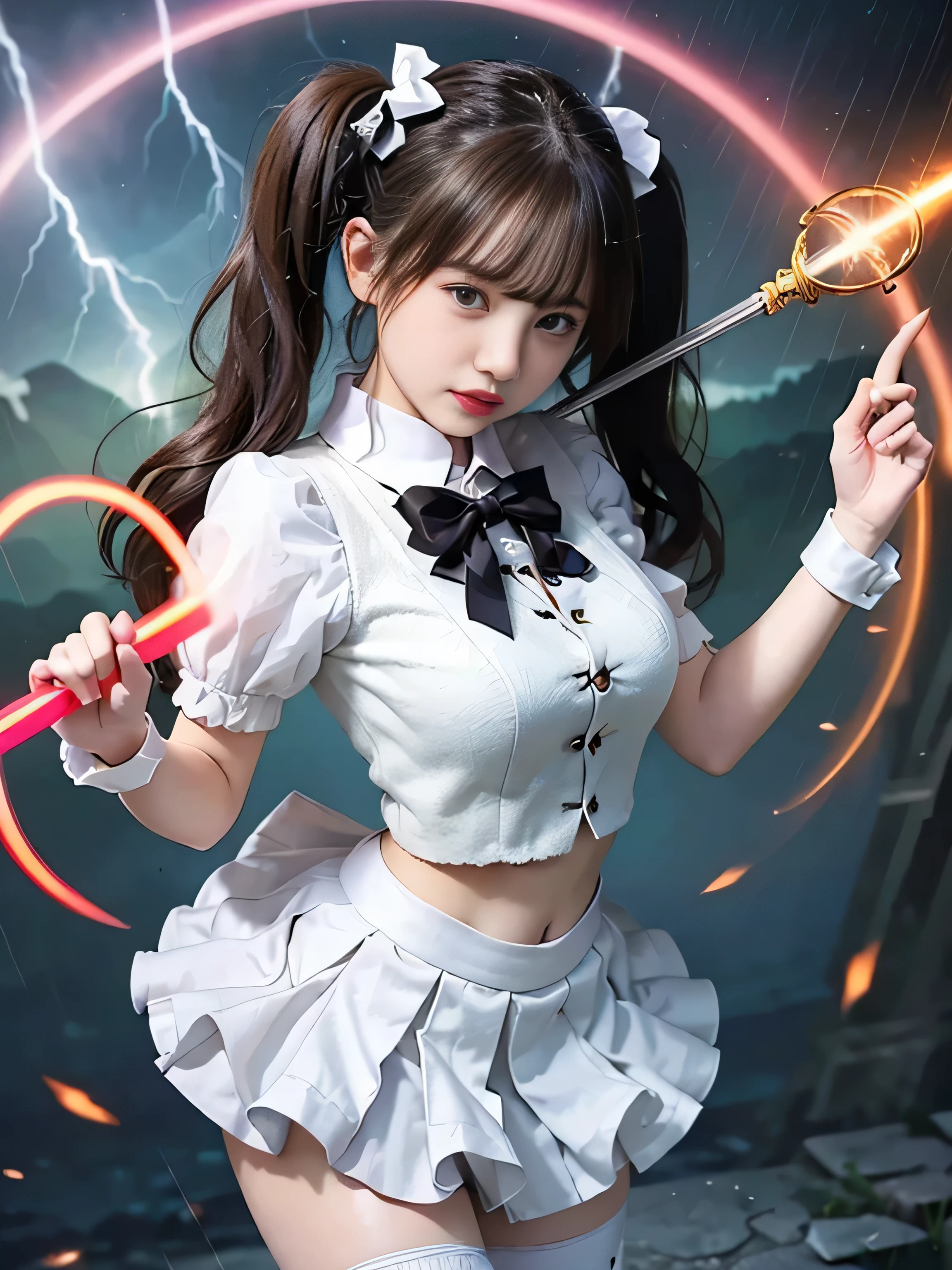 (RAW image quality:1.4)、highest quality、masterpiece、ultra high resolution、(Photoreal:1.4)、RAW photo、Detailed CG image quality、cyber punk、beautiful face、(1 Magical Girl)、16 years old, (black hair with twin tails:1.4), (white ribbon in hair), (platinum silver accessories:1.4)、(white school uniform:1.4)、(big breasts thin waist)、(purple eyes:1.3), (The power of shining eyes:1.2), (There is a white wizard&#39;cane:1.4), ((A ball of strong blue-white light emitted from a staff..:1.4)), (Thunder resounds from every part of my body:1.4)、detailed portrait、8K quality、bright colors、concept art、cinematic and dramatic atmosphere、sharp focus、volume lighting、movie lighting、Get studio quality、(neon lighting)、Depth of written boundary、environmental lighting、(Shallow い depth of writing)、blurred foreground、blurred background:1.3, (Rainy night:1.4), (((Severe lightning strike:1.4))), ((A huge magic circle that shines in neon blue:1.4))、Raging Heart、Random Battle Pose、Floating skirt、white panties、