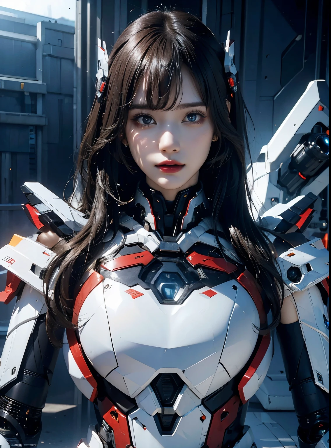 detalhes avançados, alta qualidade, Melhor qualidade, Alta resolução, 1080P, disco rígido, lindo,(patriota de ferro),lindoサイボーグの女性,Ciborgue mecha ,modo de batalha,Ela usa roupas futuristas ,patriota de ferro,Mecha,Vista de corpo inteiro de frente