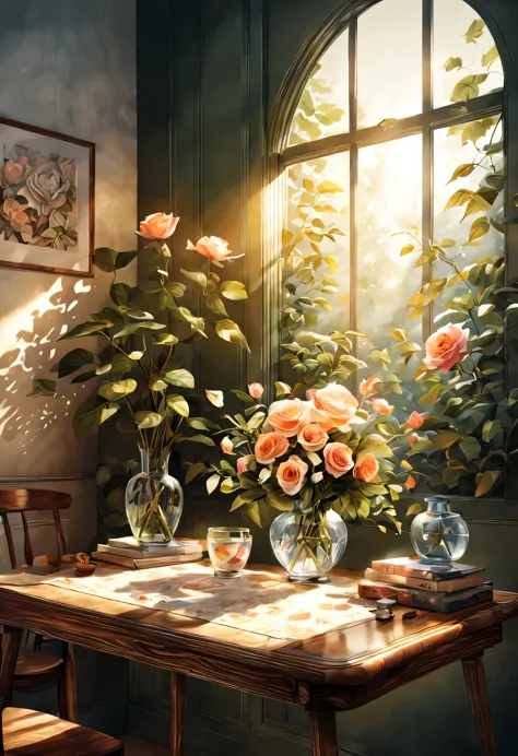 On a table with obvious wood grain.The picture on the painting is a watercolor of hand drawn flowers and roses (Hand drawn water...