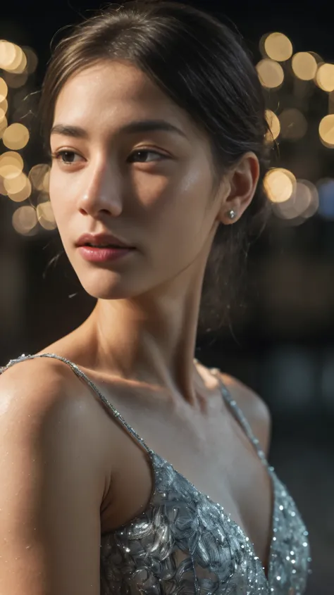 Outdoor, ((night)), ((full shot)), 85mm, Solo, a girl traveling wonderland, 1 girl, ((15 years old girl, beautiful face, slender body, sexy dress)), real skin type, photorealistic, realistic facial skin,((top quality:1.4)), Intricate 3d rendering of highly...