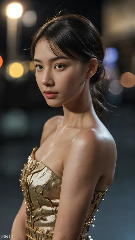 Outdoor, ((night)), ((full shot)), 85mm, Solo, a girl traveling wonderland, 1 girl, ((15 years old girl, beautiful face, slender body, sexy dress)), real skin type, photorealistic, realistic facial skin,((top quality:1.4)), Intricate 3d rendering of highly...