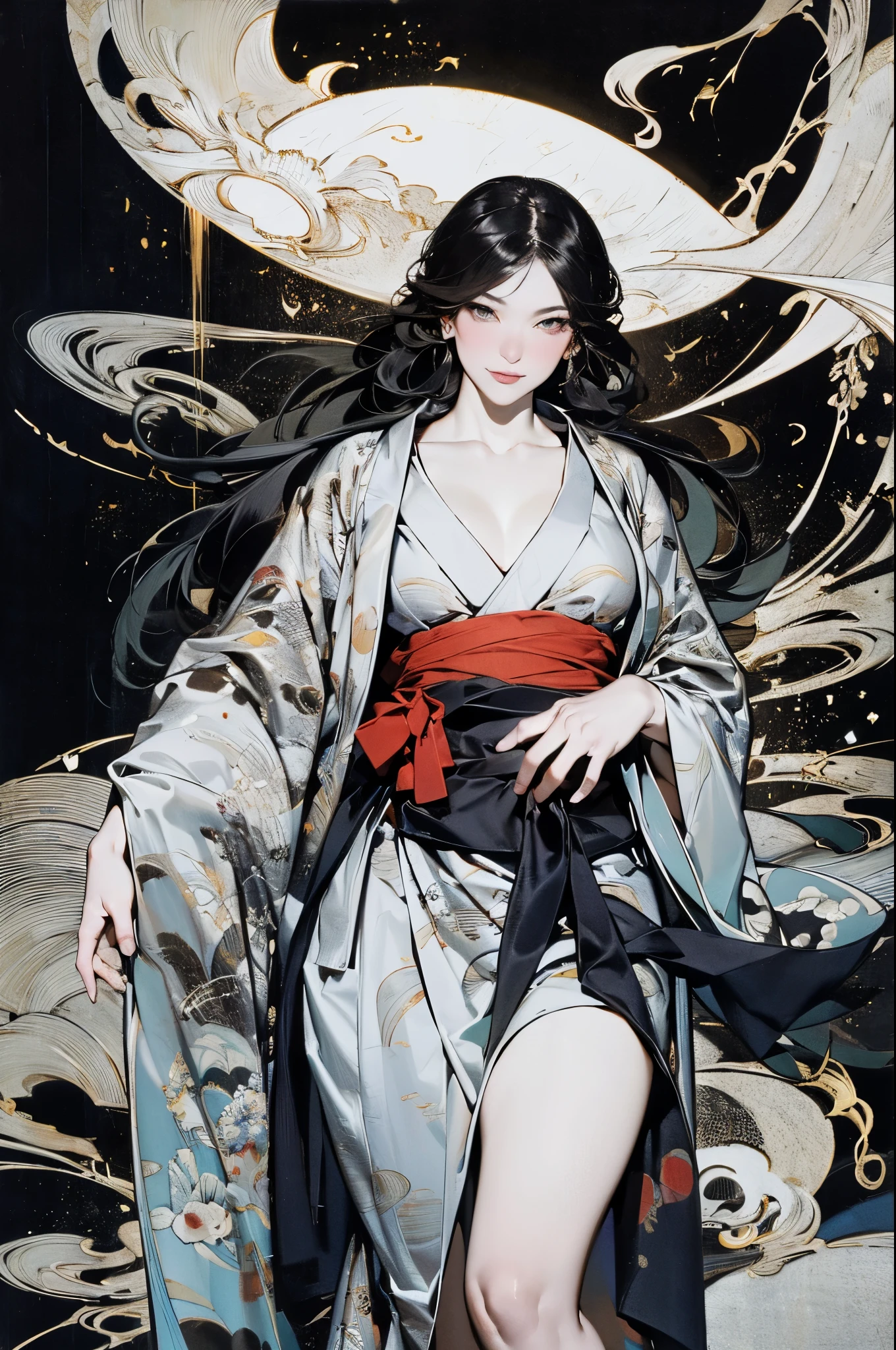 Wait warrior sexy, pretty face, Delicious Company, Alluring figure, Wearing a sexy open kimono. The artwork is created in a medium reminiscent of Japanese ink paintings....., Features bold brushstrokes and a Monochromatic color palette. artist&#39;Masterful technique reveals the intensity and power of the image&#39;sense of presence，with the highest quality, Perfectly capture every detail with ultra-high resolution. Textures and intricate patterns on kimonos are rendered with extreme precision. Lighting is carefully designed，Enhance drama, Features deep shadows and subtle highlights. General, The artwork exudes elegance and power, Combining traditional Japanese aesthetics with a modern feel. Monochromatic color palette, Combine details, Create captivating and immersive experiences for your audience.