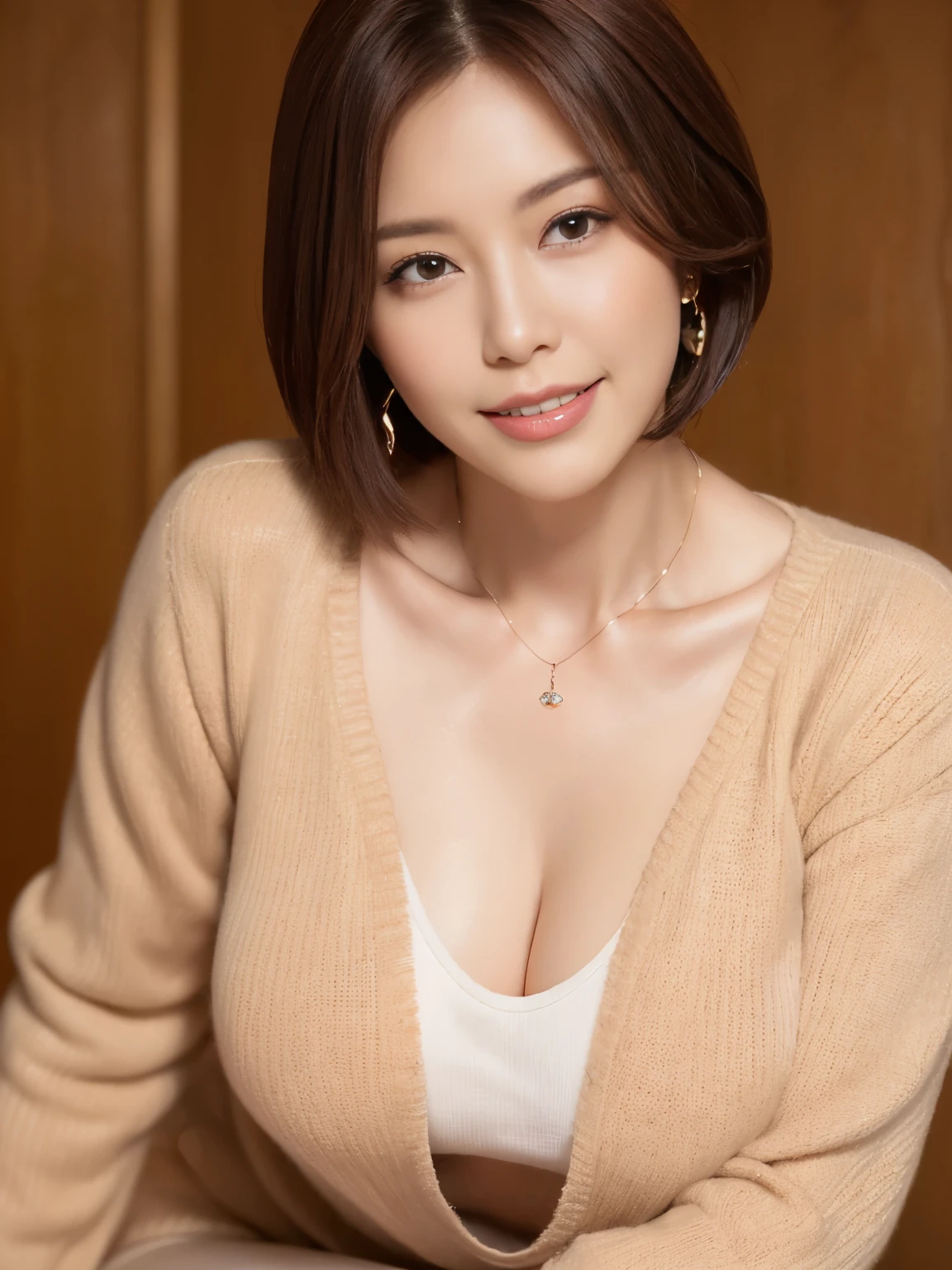 one mature woman、38 years old、Japanese,looking at the viewer,(brown sweater)、（cleavage is visible）,(white wool pants),（Wearing a pearl necklace）、 shiny face,shiny skin,shortcut,necklace,earrings,normal sized breasts,black hair,red mouth,clavicle,beautiful fingers,full body portrait,  short hair, bob cut, 8K, super detail, best quality, textured skin, anatomically correct, masterpiece , top quality, cinematic lighting, Use perspective throughout , Surrealism , ,(photorealistic:1. 3),(RAW photo) , black hair, light smile, short hair, bob cut, anaglyph, stereogram, (milf:1), (38 years old), ((Close:0.5)), glare, double eyelids, lip gloss, (smile:1), ((eyes closed:0.85)), red mouth, collar bone, ((looking at viewer)), (short auburn hair wet and shiny), (full body in view) , Slightly thicker body shape , wide-eyed eyes , perfectly round eyes , fine texture 、（beautiful teeth alignment）、（smile：1.1）