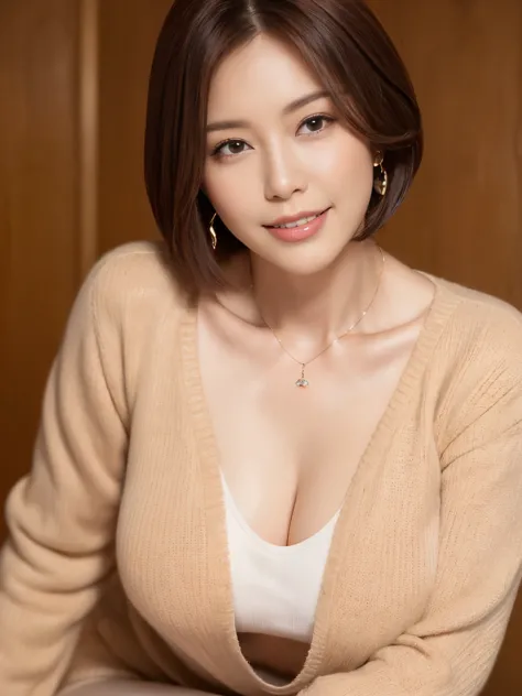 one mature woman、38 years old、Japanese,looking at the viewer,(brown sweater)、（cleavage is visible）,(white wool pants),（真珠のnecklaceを着けている）、 shiny face,shiny skin,shortcut,necklace,earrings,normal sized breasts,black hair,red mouth,clavicle,beautiful fingers...