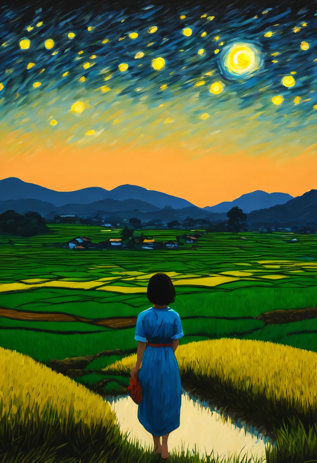 Campos de arroz e Van Gogh&#39;noite estrelada，As costas de uma garota ao longe