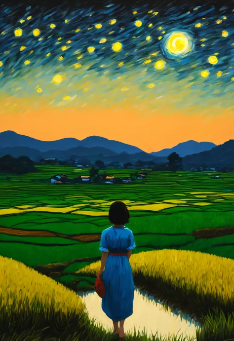 Rice fields and Van Gogh&#39;starry night，The back of a girl in the distance