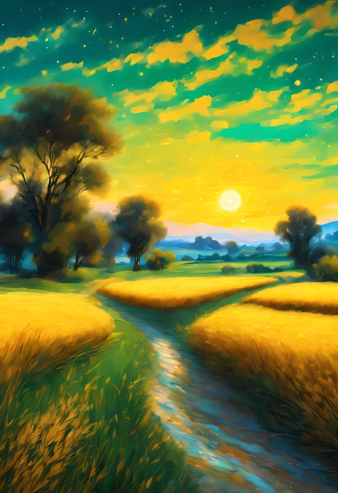 best quality, 4k, 8k, high-rise, masterpiece: 1.2, Super detailed, actual: 1.37, Beautiful and delicate eyes, Beautiful and delicate lips, Extremely detailed eyes and face, long eyelashes, wheat field, stagnant sky, dreamy atmosphere, bright color palette, Vibrant shades, Impressionist brushstrokes, Subtle lighting effects, sunset on the horizon, Lush green landscape, Wheat dances in the wind, A Peaceful and tranquil atmosphere, Harmony between nature and sky, Playful shadows and highlights, textured brushstrokes, Abundant and vibrant crops, Endless golden wheat ears, dusk atmosphere, Tranquil pastoral scenery, Shining stars light up the night, Star clusters shine in the universe, magnificent starry night, Peaceful and tranquil atmosphere, Quiet environment、Picturesque, Inspired by the style and techniques of Van Gogh, Sublime and atmospheric depiction, ethereal beauty, and charming celestial phenomena.