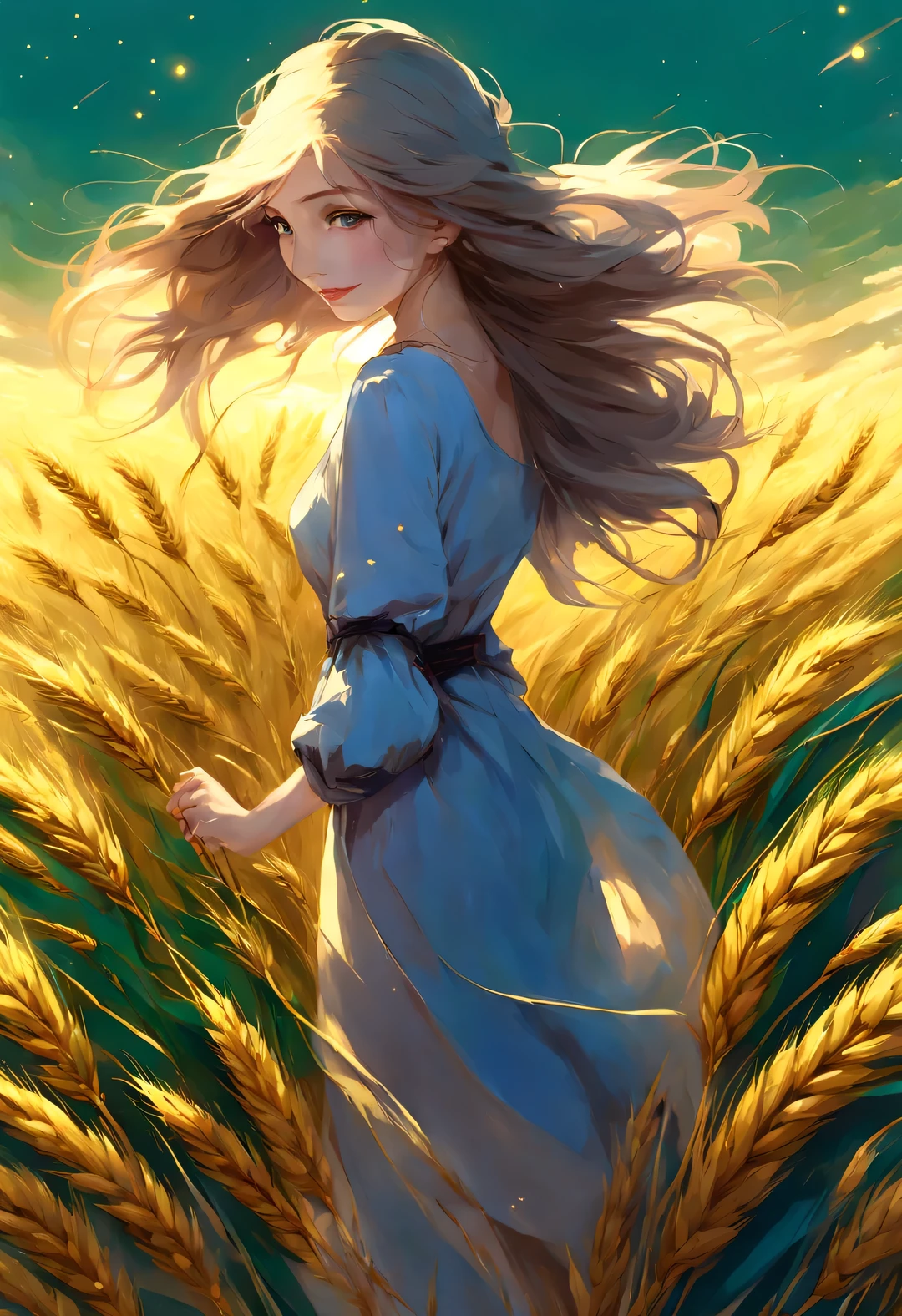 best quality, 4k, 8k, high level, masterpiece: 1.2, Super detailed, actual: 1.37,
wheat field, stagnant sky, dreamy atmosphere, bright color palette, Vibrant shades, Impressionist brushstrokes, Subtle lighting effects, sunset on the horizon, Lush green landscape, Wheat dances in the wind, Peaceful and tranquil atmosphere, Harmony between nature and sky, Playful shadows and highlights, textured brushstrokes, Abundant and vibrant crops, Endless golden wheat ears, dusk atmosphere, Tranquil pastoral scenery, The night is illuminated by shining stars, And the shining star clusters in the universe. magnificent starry night, Calm and peaceful atmosphere, Tranquil and picturesque setting inspired by Van Gogh&#39;s style and technique, Describe the noble atmosphere, ethereal beauty, and fascinating celestial phenomena.