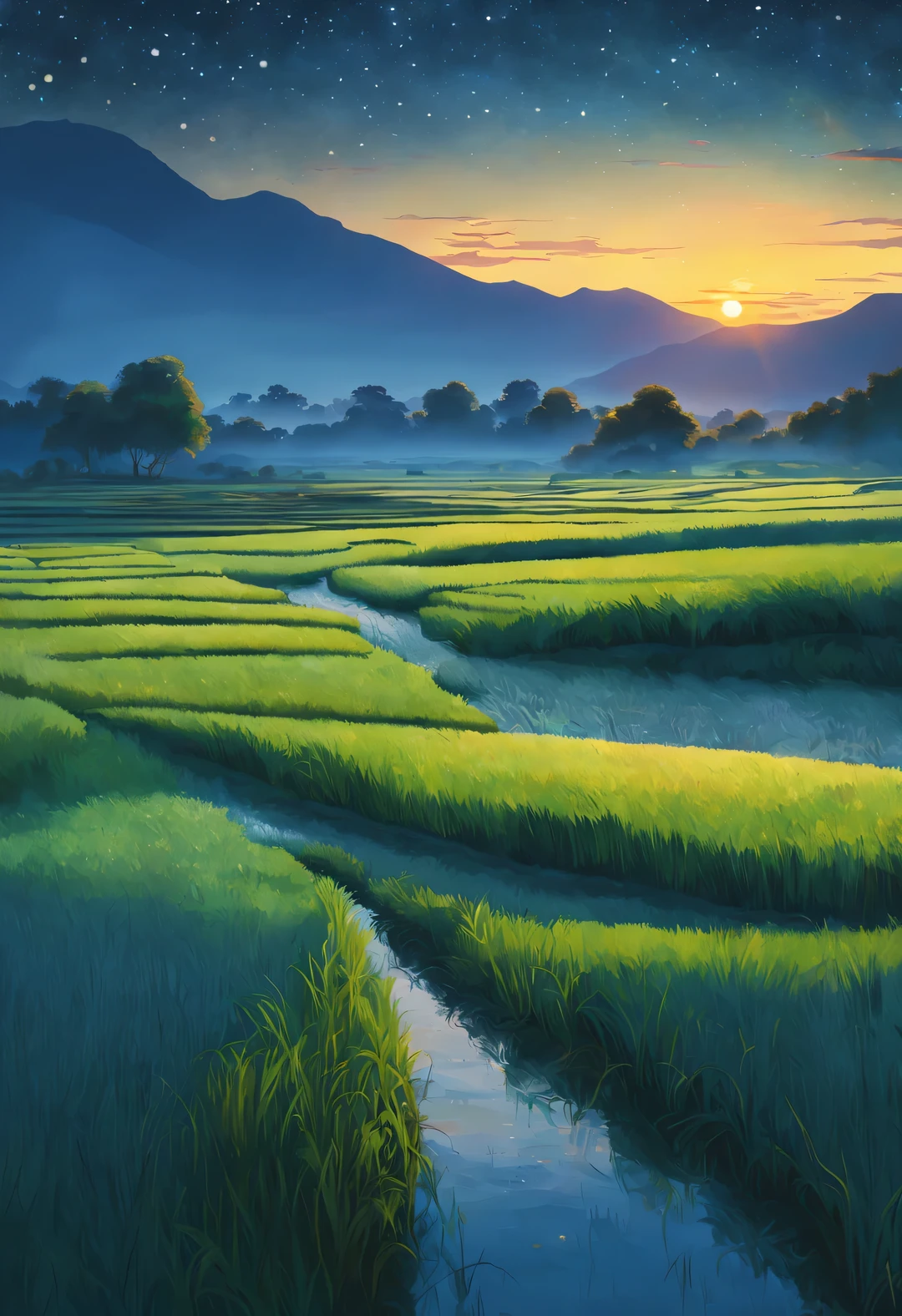 best quality, 4k, 8k, high level, masterpiece: 1.2, Super detailed, actual: 1.37,
(Endless rice fields), Sky, dreamy atmosphere, bright color palette, Vibrant shades, Impressionist brushstrokes, Subtle lighting effects, Silhouette of a little girl in the distance, sunset on the horizon, Peaceful and tranquil atmosphere, the harmony between nature and Sky, textured brushstrokes, Abundant and vibrant crops, dusk atmosphere, Peaceful idyllic scenery, and shining stars lighting up the night sky, Calm and serene atmosphere, Peaceful and picturesque setting, Inspired by the style and techniques of Van Gogh, Sublime and atmospheric depiction, ethereal beauty, and fascinating celestial phenomena,