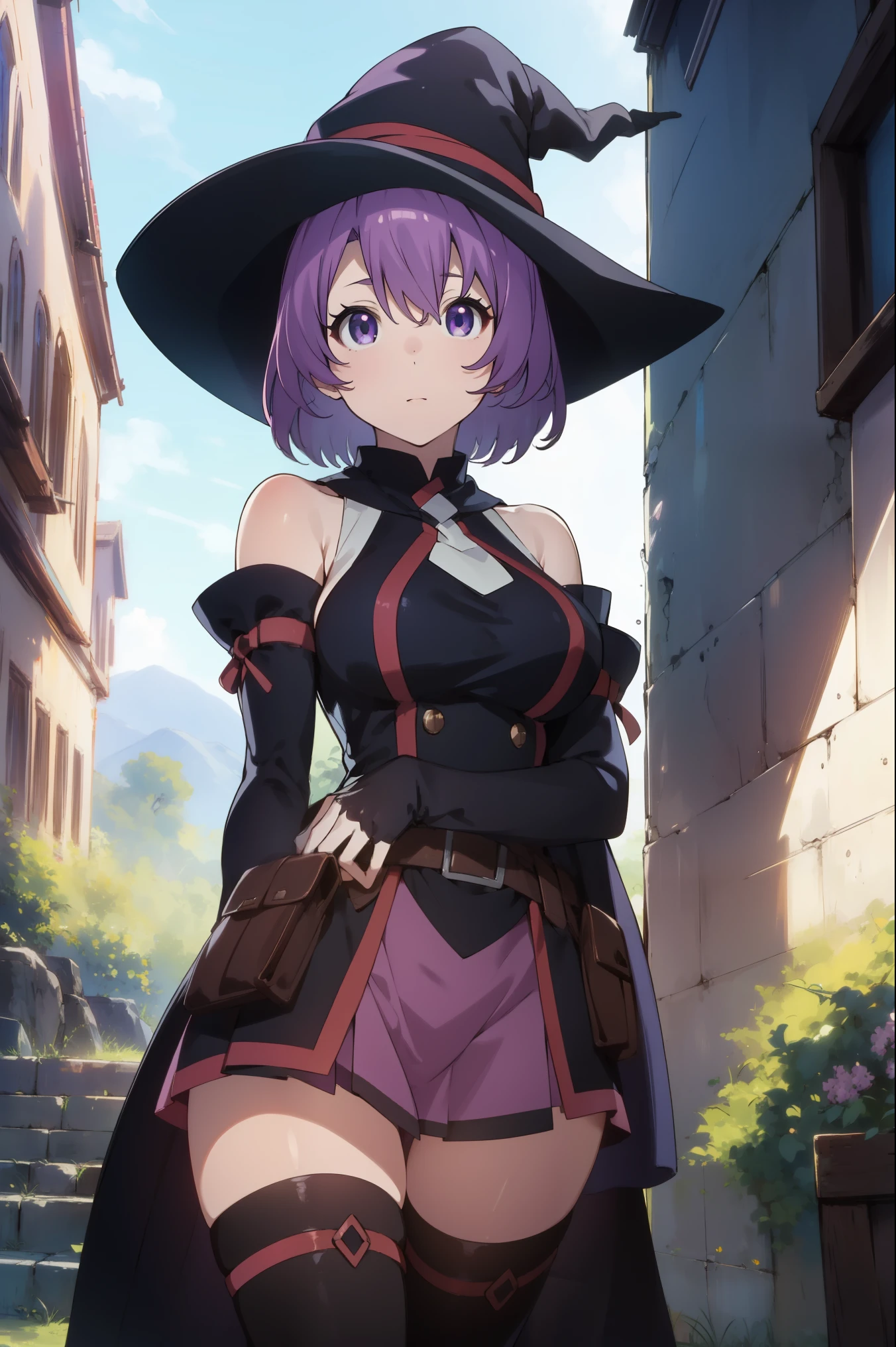 A woman in a witch costume standing in front of a building - SeaArt AI