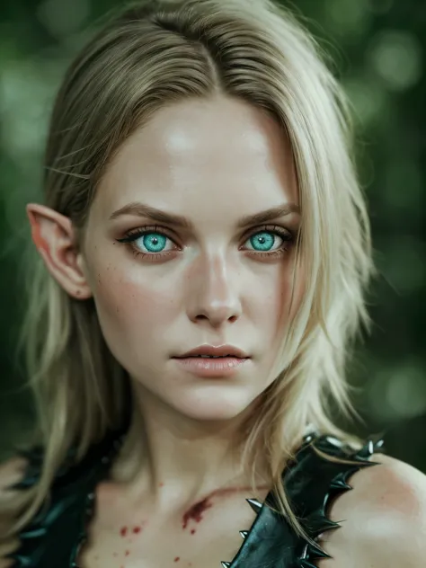 Analog photo, (Best quality:1.4), (ultra detailed:1.4), full body shot of pale blonde woman, intense red eyes, elf ranger, black...