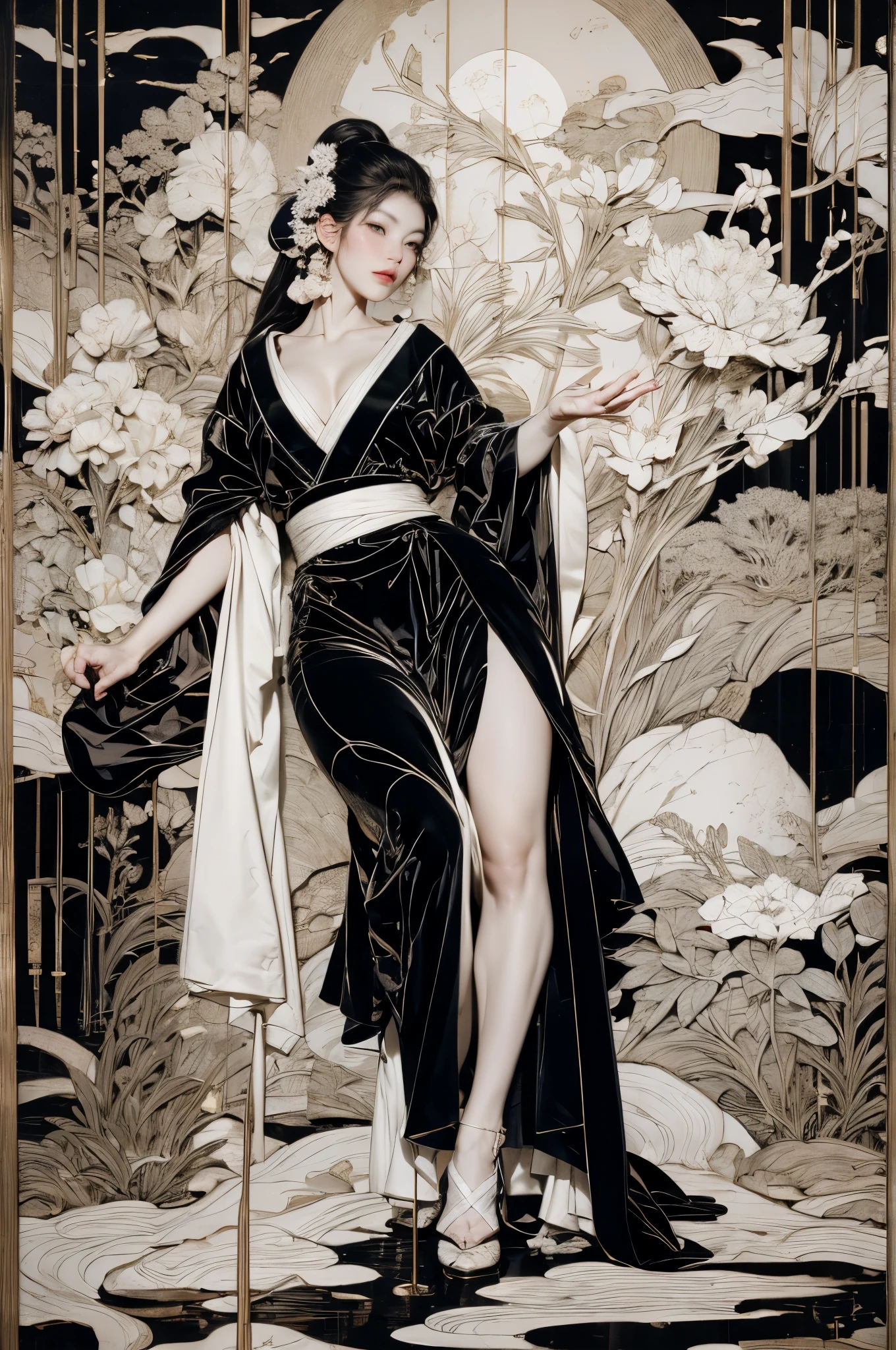 Wait warrior sexy, pretty face, Delicious Company, Alluring figure, Wearing a sexy open kimono. The artwork is created in a medium reminiscent of Japanese ink paintings....., Features bold brushstrokes and a Monochromatic color palette. artist&#39;Masterful technique reveals the intensity and power of the image&#39;sense of presence，with the highest quality, Perfectly capture every detail with ultra-high resolution. Textures and intricate patterns on kimonos are rendered with extreme precision. Lighting is carefully designed，Enhance drama, Features deep shadows and subtle highlights. General, The artwork exudes elegance and power, Combining traditional Japanese aesthetics with a modern feel. Monochromatic color palette, Combine details, Create captivating and immersive experiences for your audience.