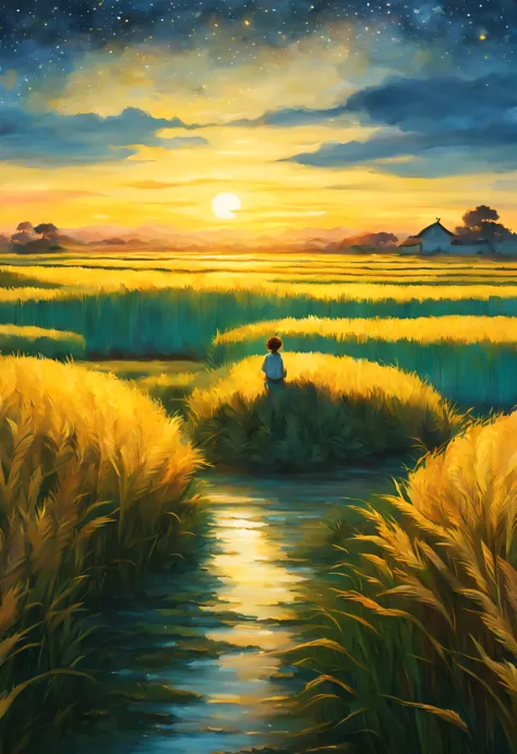 best quality, 4k, 8k, high level, masterpiece: 1.2, super detailed, actual: 1.37,
(endless rice fields), blue sky, dreamy atmosp...