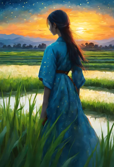 best quality, 4k, 8k, high level, masterpiece: 1.2, super detailed, actual: 1.37,
(endless rice fields), blue sky, dreamy atmosp...