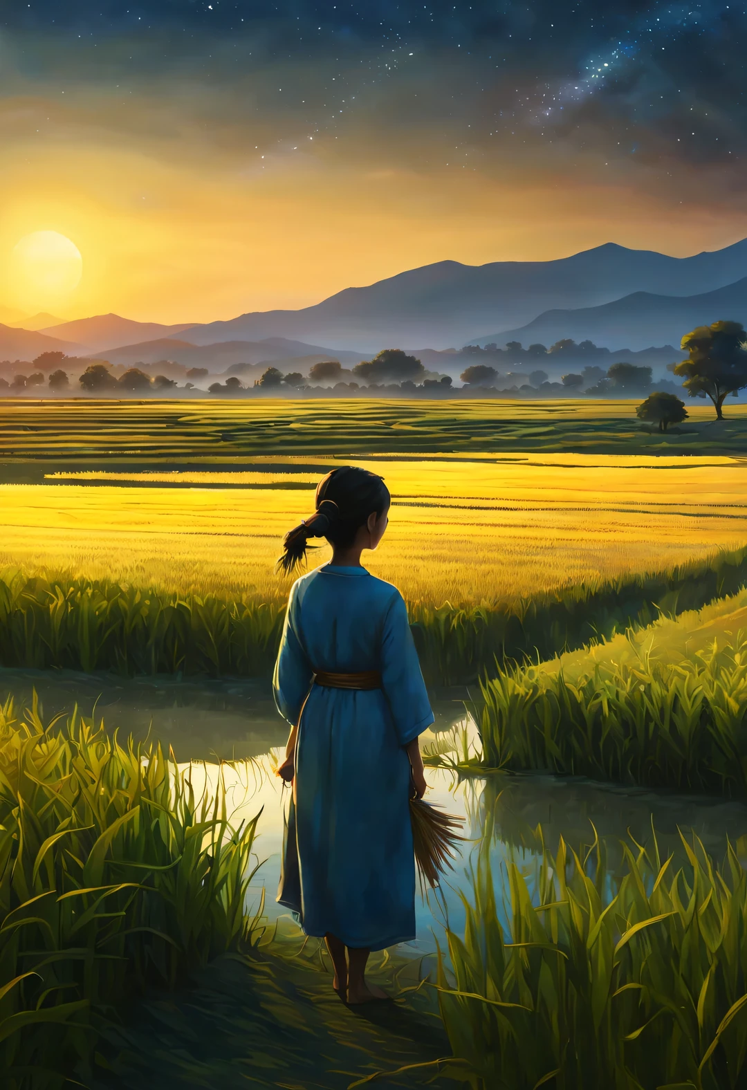best quality, 4k, 8k, high level, masterpiece: 1.2, Super detailed, actual: 1.37,
(Endless rice fields), blue sky, dreamy atmosphere, bright color palette, Vibrant shades, Impressionist brushstrokes, Subtle lighting effects (Silhouette of a  in the distance: 0.65), sunset on the horizon, Peaceful and tranquil atmosphere, Harmony between nature and sky, textured brushstrokes, Abundant and vibrant crops, dusk atmosphere, Tranquil pastoral scenery, Glowing stars light up the night, creating a Peaceful and tranquil atmosphere, Peaceful and picturesque setting, Inspired by the style and techniques of Van Gogh. Sublime and atmospheric depiction, ethereal beauty, and fascinating celestial phenomena,