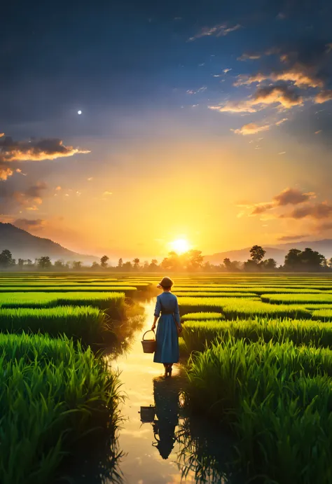 best quality, 4k, 8k, high level, masterpiece: 1.2, Super detailed, actual: 1.37,double contact，
(Endless rice fields), blue sky...