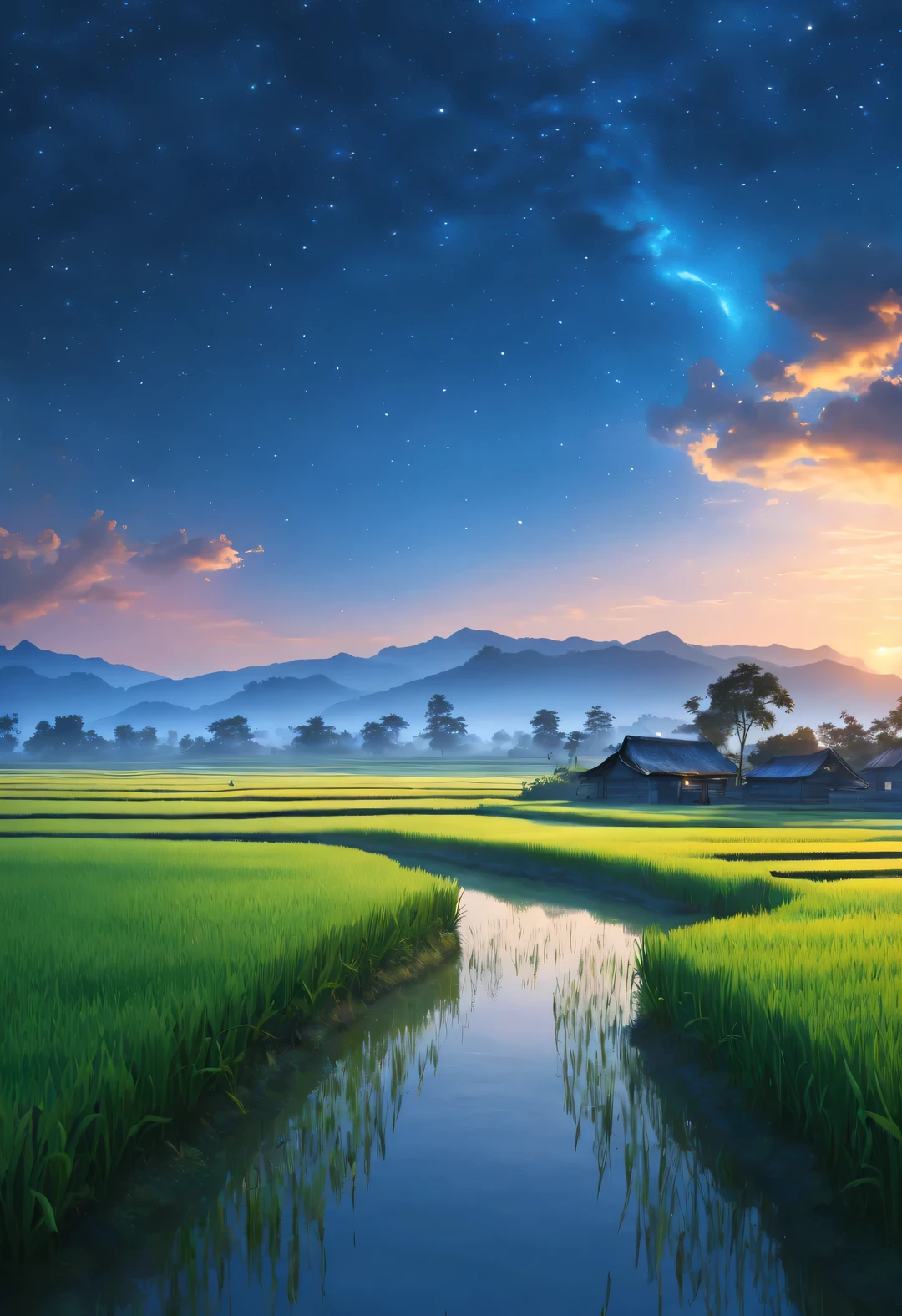 best quality, 4k, 8k, high level, masterpiece: 1.2, Super detailed, actual: 1.37,
(Endless rice fields), blue sky, dreamy atmosphere, bright color palette, Vibrant shades, Impressionist brushstrokes, Subtle lighting effects (Silhouette of a  in the distance: 0.65), sunset on the horizon, Peaceful and tranquil atmosphere, Harmony between nature and sky, textured brushstrokes, Abundant and vibrant crops, dusk atmosphere, Tranquil pastoral scenery, Glowing stars light up the night, creating a Peaceful and tranquil atmosphere, Peaceful and picturesque setting, Inspired by the style and techniques of Van Gogh. Sublime and atmospheric depiction, ethereal beauty, and fascinating celestial phenomena,