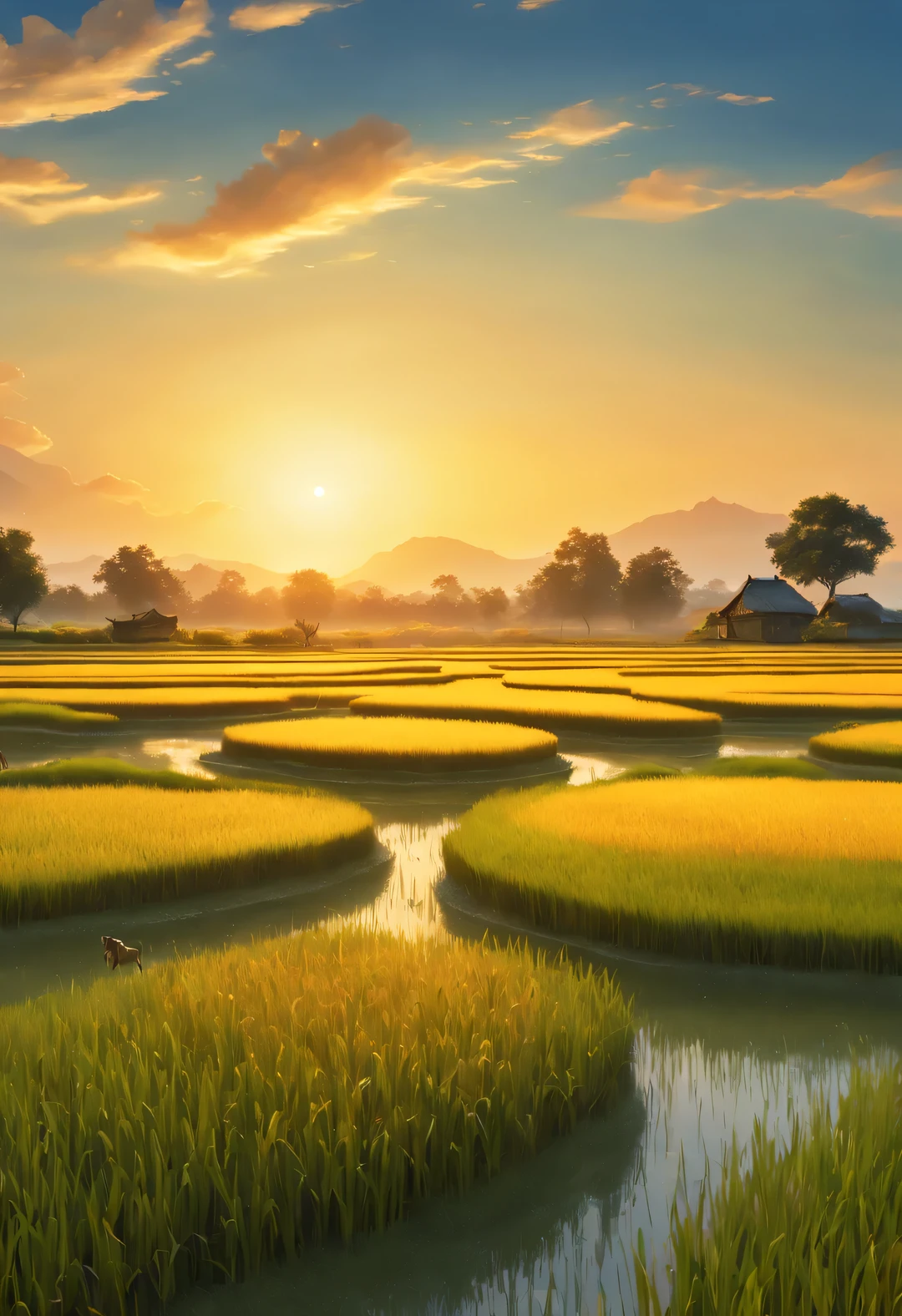 best quality, 4k, 8k, high level, masterpiece: 1.2, Super detailed, actual: 1.37,
(Endless rice fields), blue sky, dreamy atmosphere, bright color palette, Vibrant shades, Impressionist brushstrokes, Subtle lighting effects on  in the distance: 0.65), sunset on the horizon, Peaceful and tranquil atmosphere, Harmony between nature and sky, textured brushstrokes, Abundant and vibrant crops, dusk atmosphere, Tranquil pastoral scenery, Glowing stars light up the night, creating a Peaceful and tranquil atmosphere, Peaceful and picturesque setting, Inspired by the style and techniques of Van Gogh. Sublime and atmospheric depiction, ethereal beauty, and fascinating celestial phenomena,