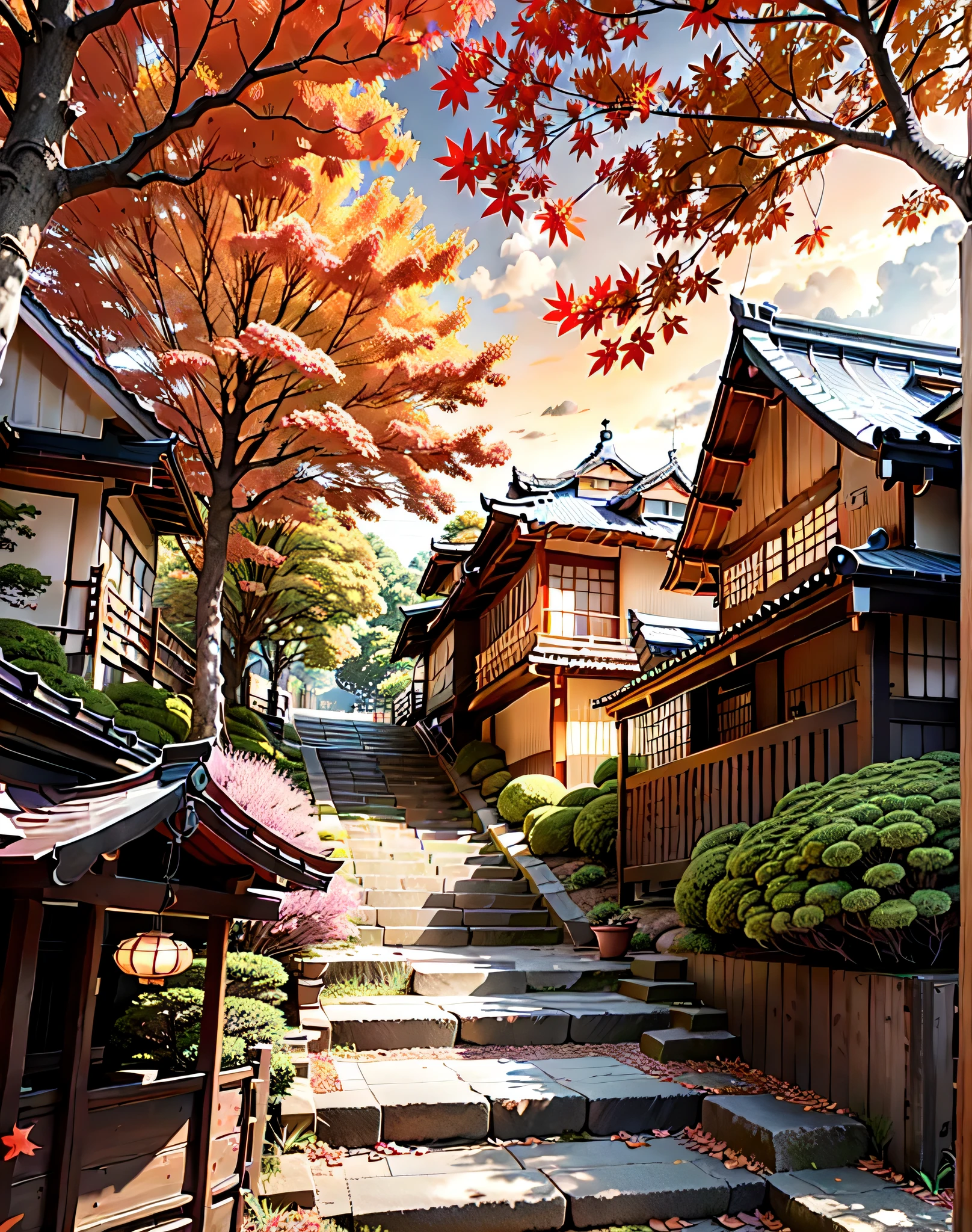 Kyoto cityscape photo, Cobblestone staircase、Japan wooden house、beautiful scenery,bushes, maple leaf,Autumn time, sunlight,((Glaring expression)),Like Style,4K HD, cloud,Beautiful art UHD 4K, Beautiful artwork illustration, beautiful digital paintings, highly detailed digital paintings, beautiful digital artwork, detailed painting 4k, highly detailed digital paintings, Rich colors in the picture, amazing digital paintings、Illustrations extracted from people&#39;point of view、sunset、