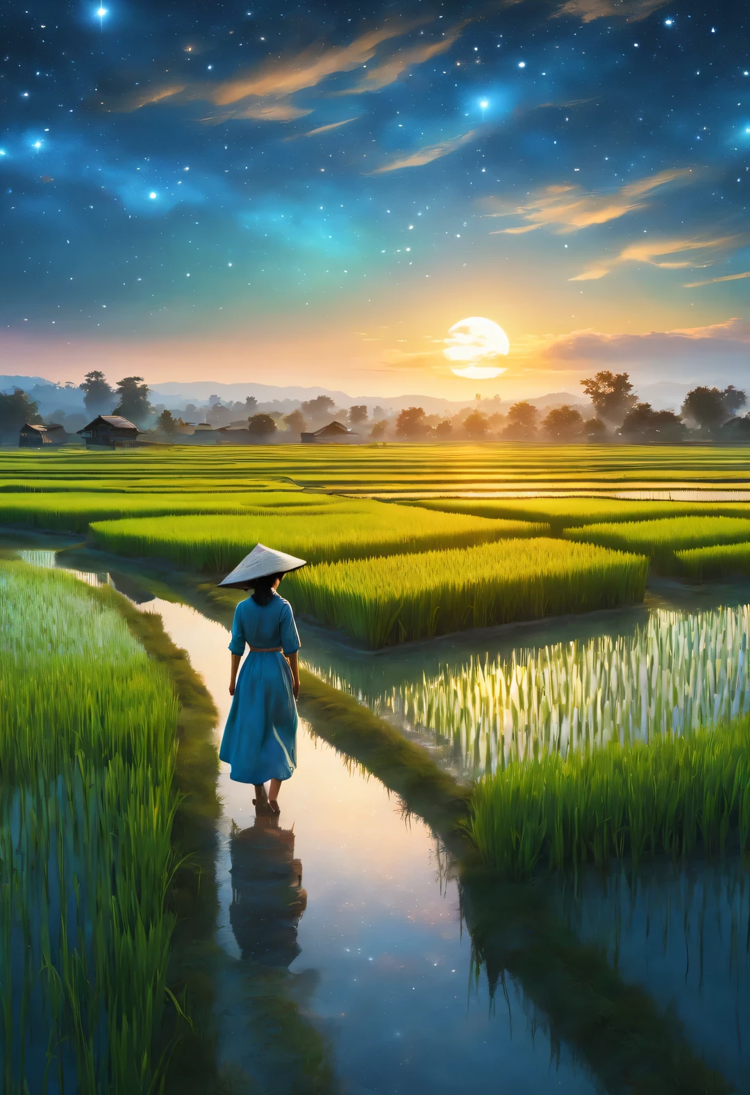 best quality, 4k, 8k, high level, masterpiece: 1.2, Super detailed, actual: 1.37, (Endless rice fields), a  ，double contact，blue sky, dreamy atmosphere, bright color palette, Vibrant shades, Impressionist brushstrokes, Subtle lighting effects ， sunset on the horizon, Peaceful and tranquil atmosphere, Harmony between nature and sky, textured brushstrokes, Abundant and vibrant crops, dusk atmosphere, Tranquil pastoral scenery, Glowing stars light up the night, creating a Peaceful and tranquil atmosphere, Peaceful and picturesque setting, Inspired by the style and techniques of Van Gogh. Sublime and atmospheric depiction, ethereal beauty, and fascinating celestial phenomena,