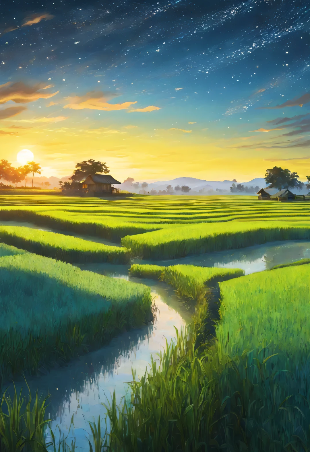 best quality, 4k, 8k, high level, masterpiece: 1.2, Super detailed, actual: 1.37, (Endless rice fields), a little girl ，double contact，blue sky, dreamy atmosphere, bright color palette, Vibrant shades, Impressionist brushstrokes, Subtle lighting effects ， sunset on the horizon, Peaceful and tranquil atmosphere, Harmony between nature and sky, textured brushstrokes, Abundant and vibrant crops, dusk atmosphere, Tranquil pastoral scenery, Glowing stars light up the night, creating a Peaceful and tranquil atmosphere, Peaceful and picturesque setting, Inspired by the style and techniques of Van Gogh. Sublime and atmospheric depiction, ethereal beauty, and fascinating celestial phenomena,