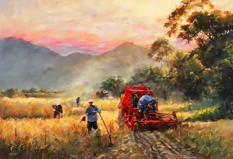 paddy，Sunset，harvester，imagine，surreal，painting，梵高painting质感，Ultra-fine