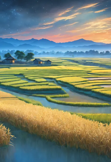 best quality, 8k, High quality, masterpiece: 1.2, Super fine, realism: 1.37, double exposure,
(Endless rice fields and a little ...
