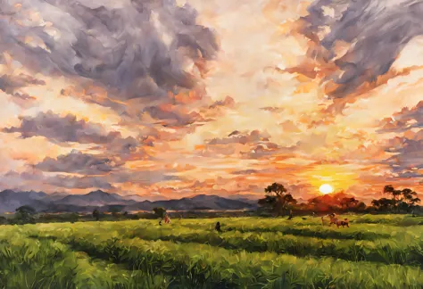 paddy，Sunset，imagine，surreal，painting，梵高painting质感，Ultra-fine