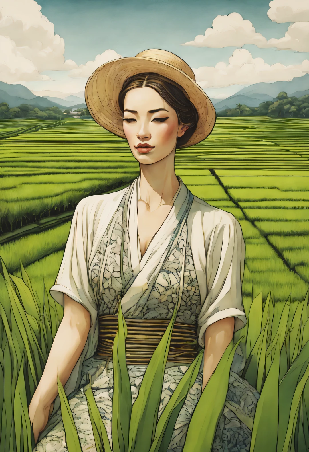 Estilo Kelly McKernan, Bellos detalles de los campos de arroz., Enfoque nítido