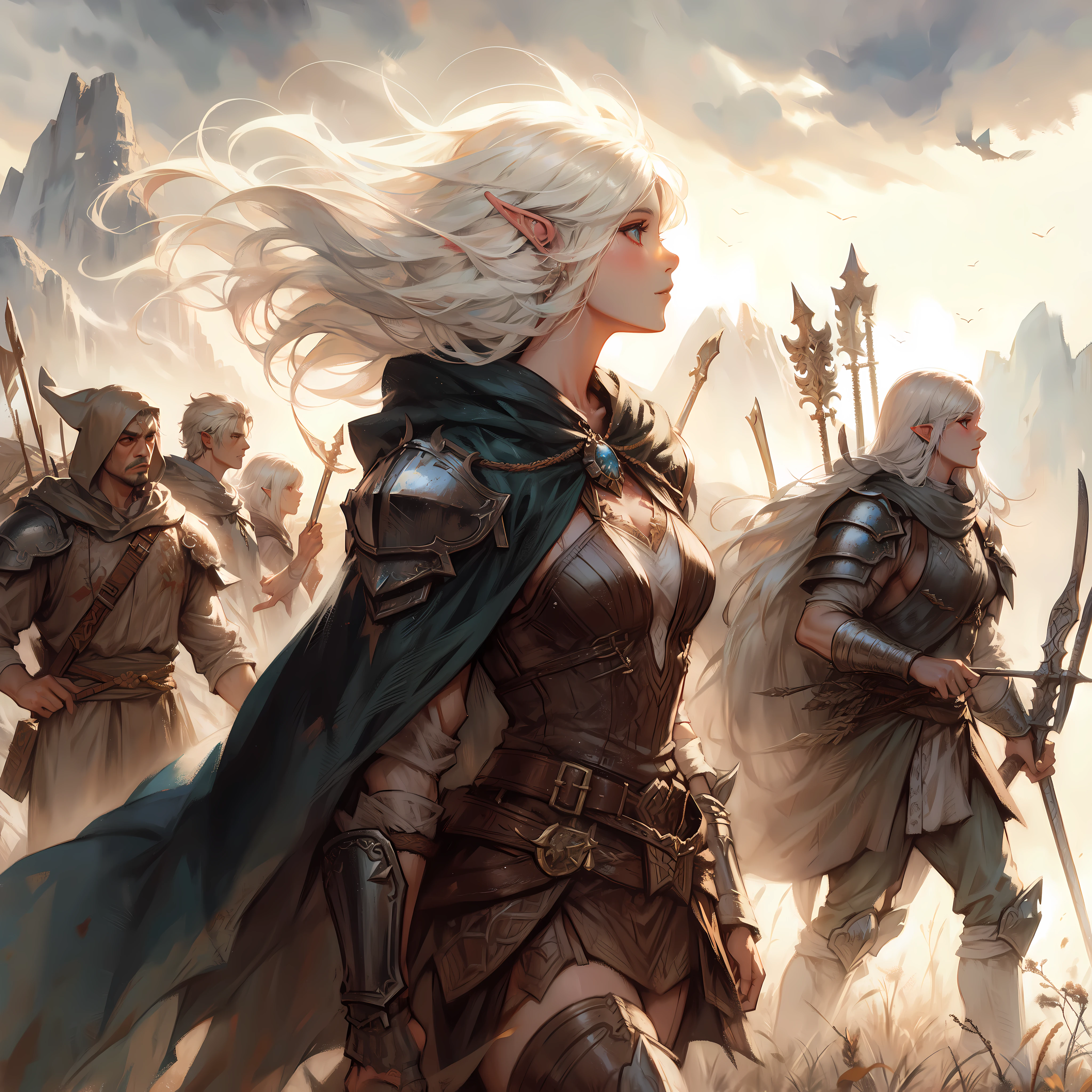 an white haired elf female barbarian warrior, traveling through distant lands, with  adventure team, wilderness outside civilization, hazy nostalgic, Hayao Miyazaki, Clyde Caldwell, frank frazetta, Cinematic Dramatic atmosphere, watercolor painting, Cinematic lighting.