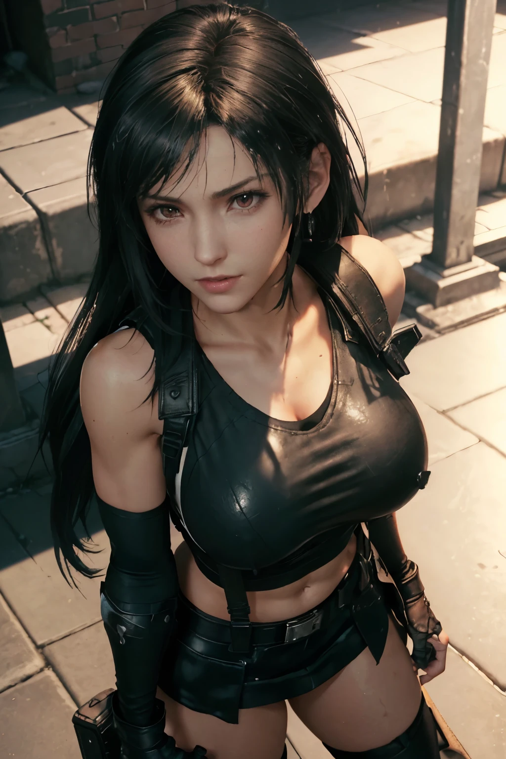 (highest quality, masterpiece: 1.1), (realistic:1.3), break (((FF7,Tifa_lock heart))),super detailed face, fine red eyes,black brown hair, (big breasts: 1.2),(A dark, old ruins:1.3,Wet,dark), break (((FF7,Tifa_lock heart))),(black crop top vest, brown belt, pistol holster on thigh, tactical gloves, Black Mini Leather Skirt, police uniform style:1.3, black long tube flat boots, police badge on the chest, Police Vehicles), Around 18 years old, break (face focus:1.1,close up face:1.1),cool pose:1.2