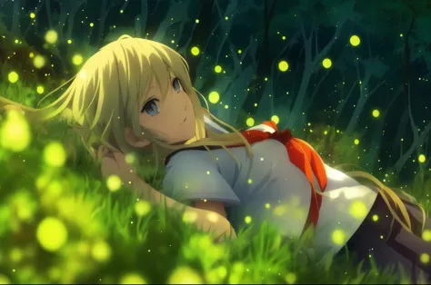 anime girl laying in the grass with vagalumes in the background, fundo de anime, cozy night vagalumes, vagalumes around, hd pape...