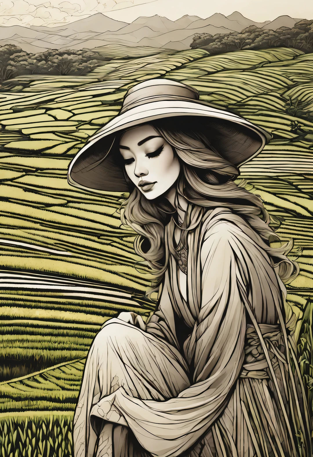 Estilo Kelly McKernan, Bellos detalles de los campos de arroz., Enfoque nítido
